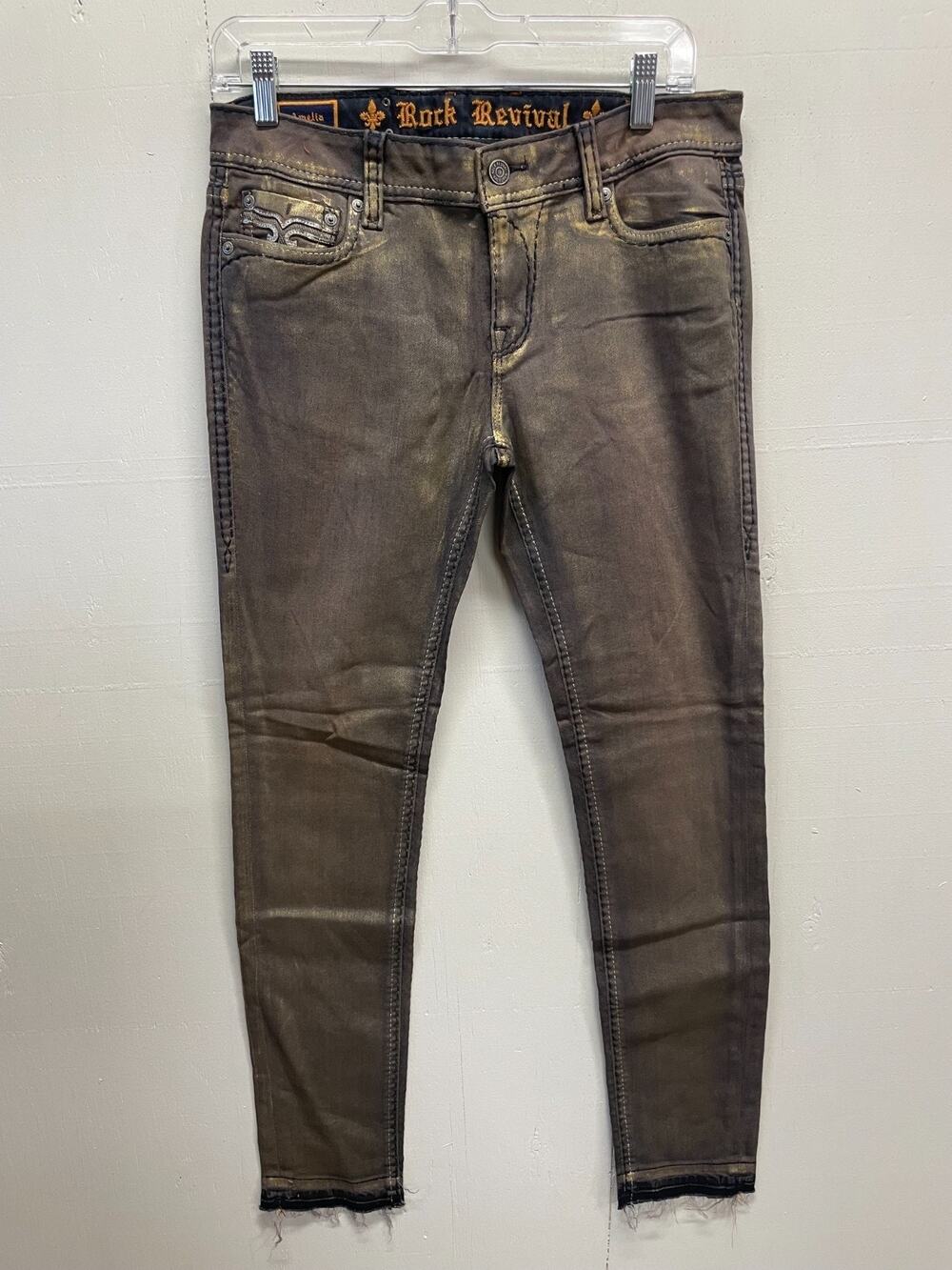 Rock Revival Women's Jeans 29 Brown/Gold Amelia Skinny Raw Hem New Without Tags
